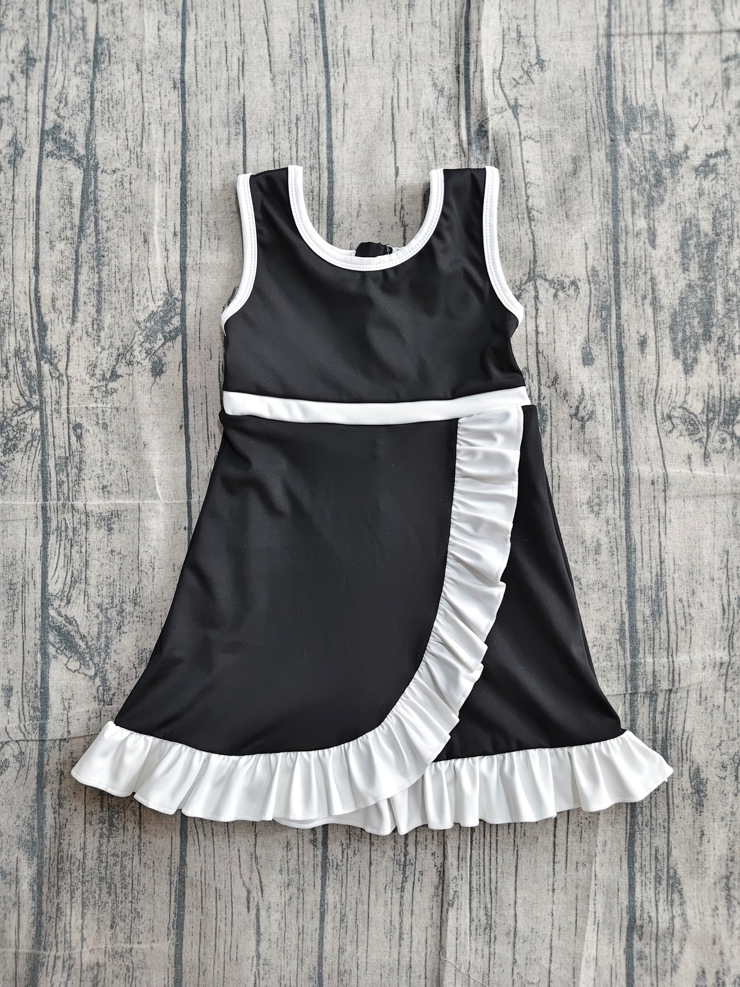 (Sample) No moq yoga fabric cotton GSD4140 Yoga Baby Girls Solid Black Sleeveless Yoga Active Scallop Knee Length Dress