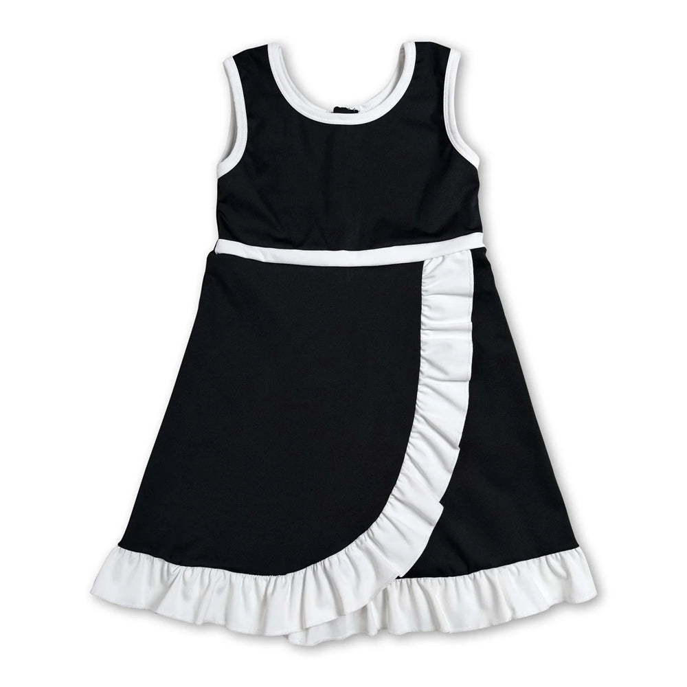 RTS NO MOQ Sibling cotton Baby Girls Black White Contrast Trim Sleeveless Summer Outfit Skort Shorts Wrap And A Line Dress