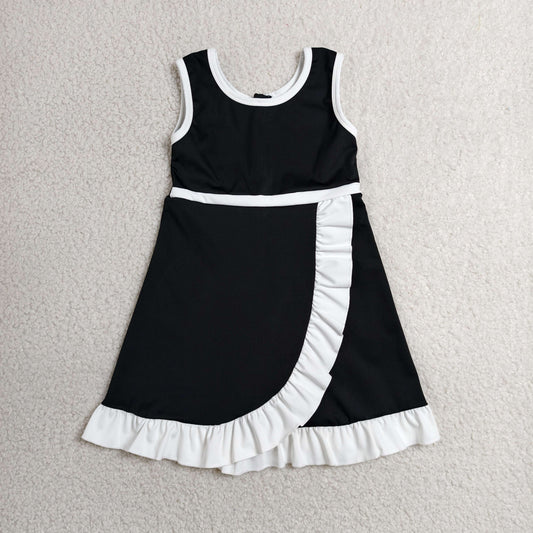 RTS NO MOQ yoga fabric cotton GSD4140 Baby Girls Solid Black Sleeveless Yoga Active Scallop Knee Length Dress