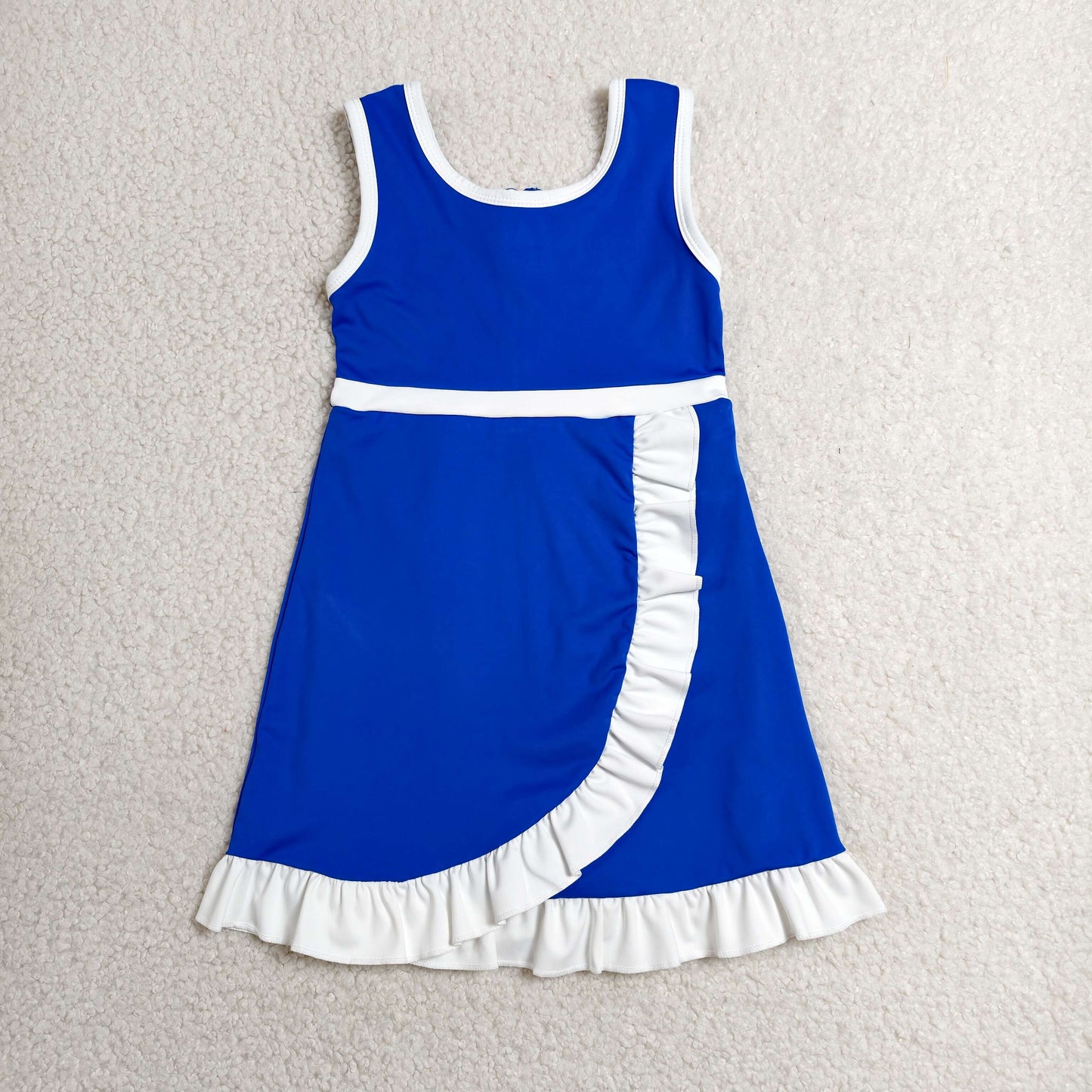 RTS NO MOQ yoga fabric cotton GSD4141 Baby Girls Sleeveless Hot Blue Yoga Active Short Scallop Knee Length Dress