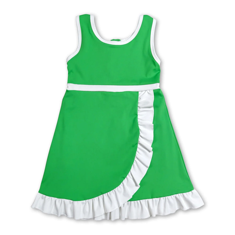 RTS NO MOQ Sibling cotton Baby Girls Green Sleeveless Vest Scallop Skirt Yoga Active Set Short Knee Length Dress