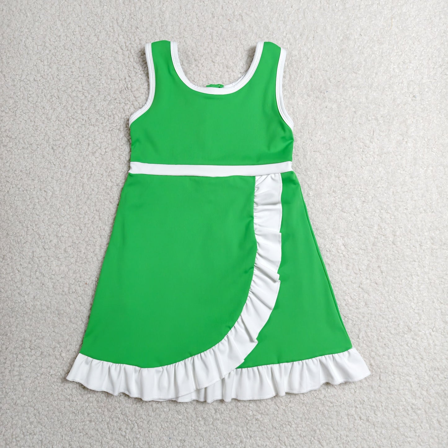 RTS NO MOQ yoga fabric cotton GSD4143 Baby Girls Solid Color Sleeveless Green Yoga Active Short Scallop Knee Length Dress