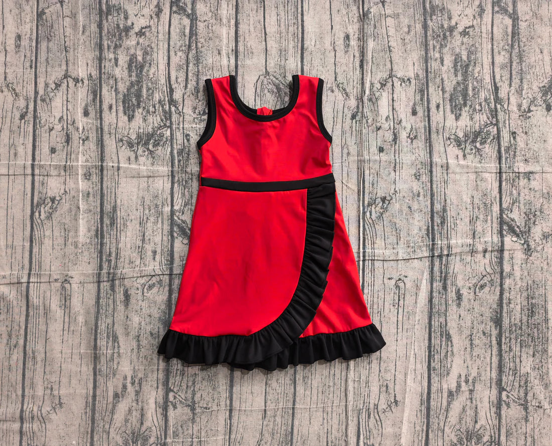 (Sample) No moq yoga GSD4146 Baby Girls Sleeveless Red Black Yoga Active Short Scallop Knee Length Dress