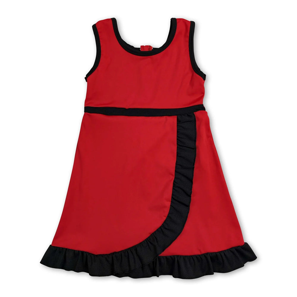 RTS NO MOQ Sibling yoga fabric cotton Baby Girls Red Black Contrast Trim Sleeveless Summer Outfit Skort Shorts Wrap And A Line Dress