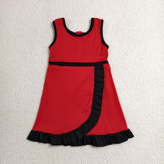 RTS NO MOQ yoga fabric cotton GSD4146 Baby Girls Solid Color Sleeveless Red Black Yoga Active Short Scallop Knee Length Dress