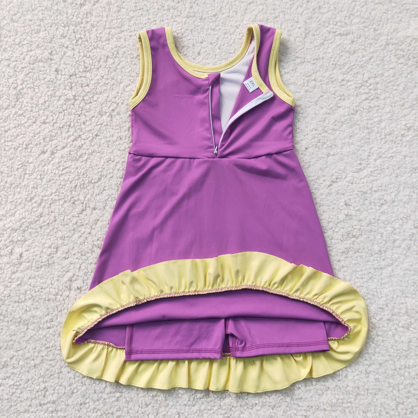 RTS NO MOQ yoga fabric cotton GSD4147 Baby Girls Sleeveless Purple Yellow Active Short Scallop Knee Length Yoga Dress