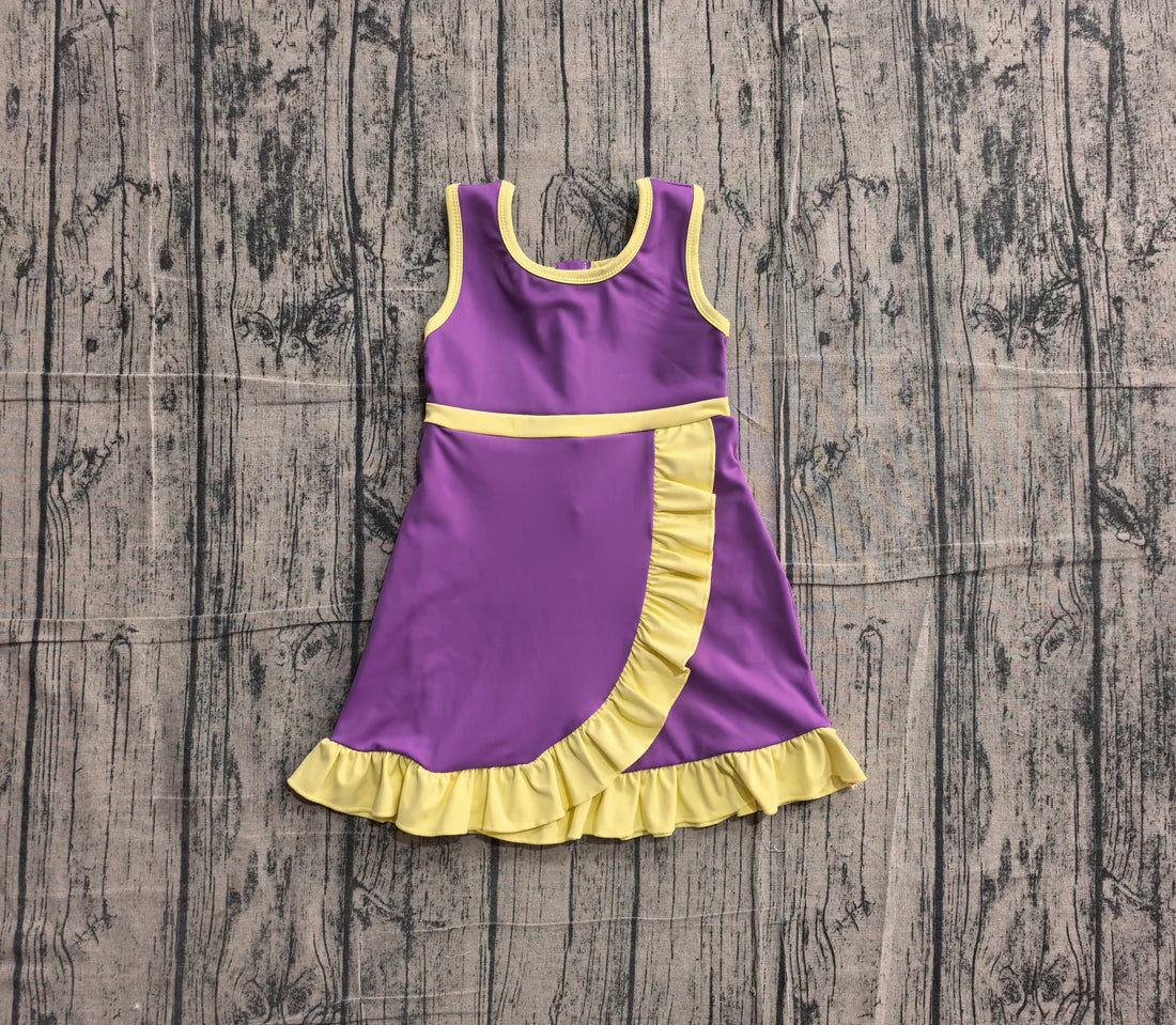 (Sample) No moq yoga GSD4147 Baby Girls Sleeveless Purple Yellow Yoga Active Short Scallop Knee Length Dress