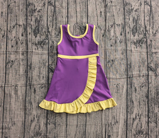 (Sample) No moq yoga GSD4147 Baby Girls Sleeveless Purple Yellow Yoga Active Short Scallop Knee Length Dress