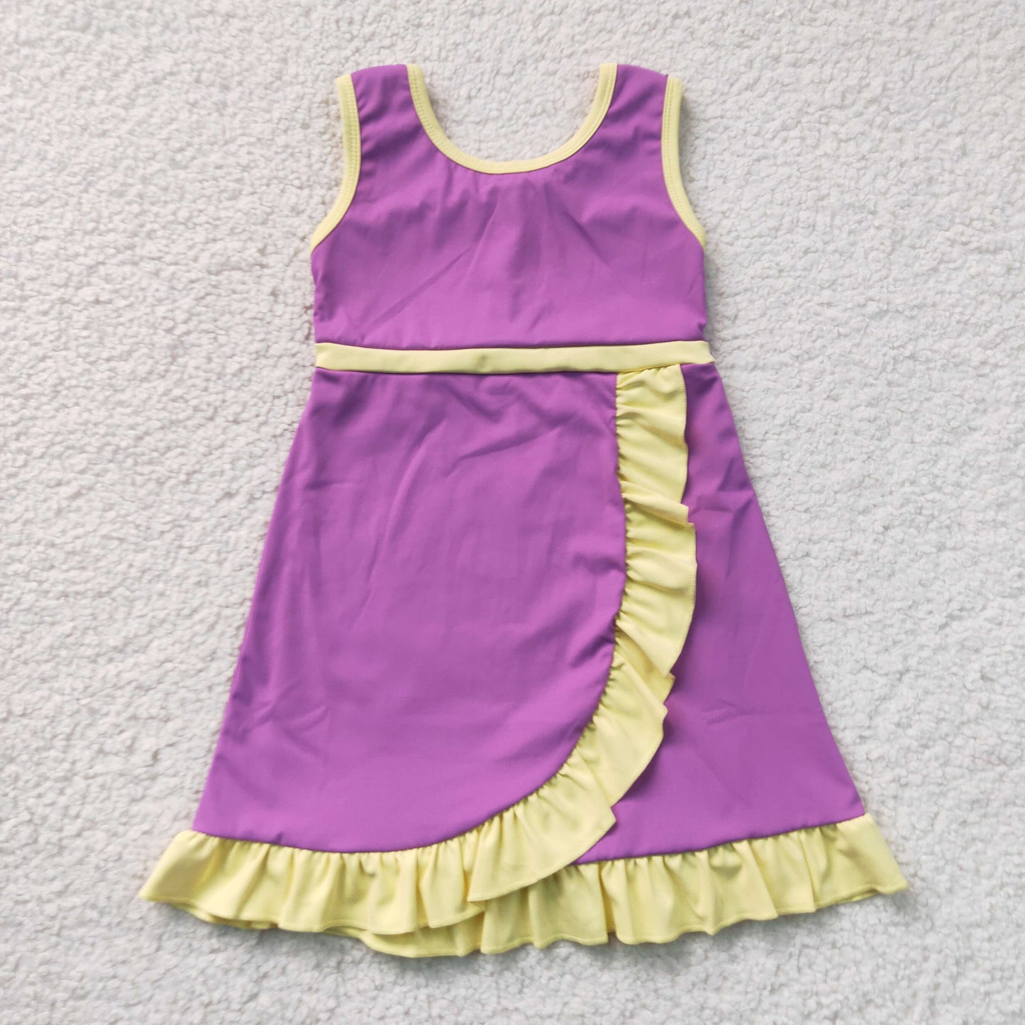 RTS NO MOQ yoga fabric cotton GSD4147 Baby Girls Sleeveless Purple Yellow Active Short Scallop Knee Length Yoga Dress