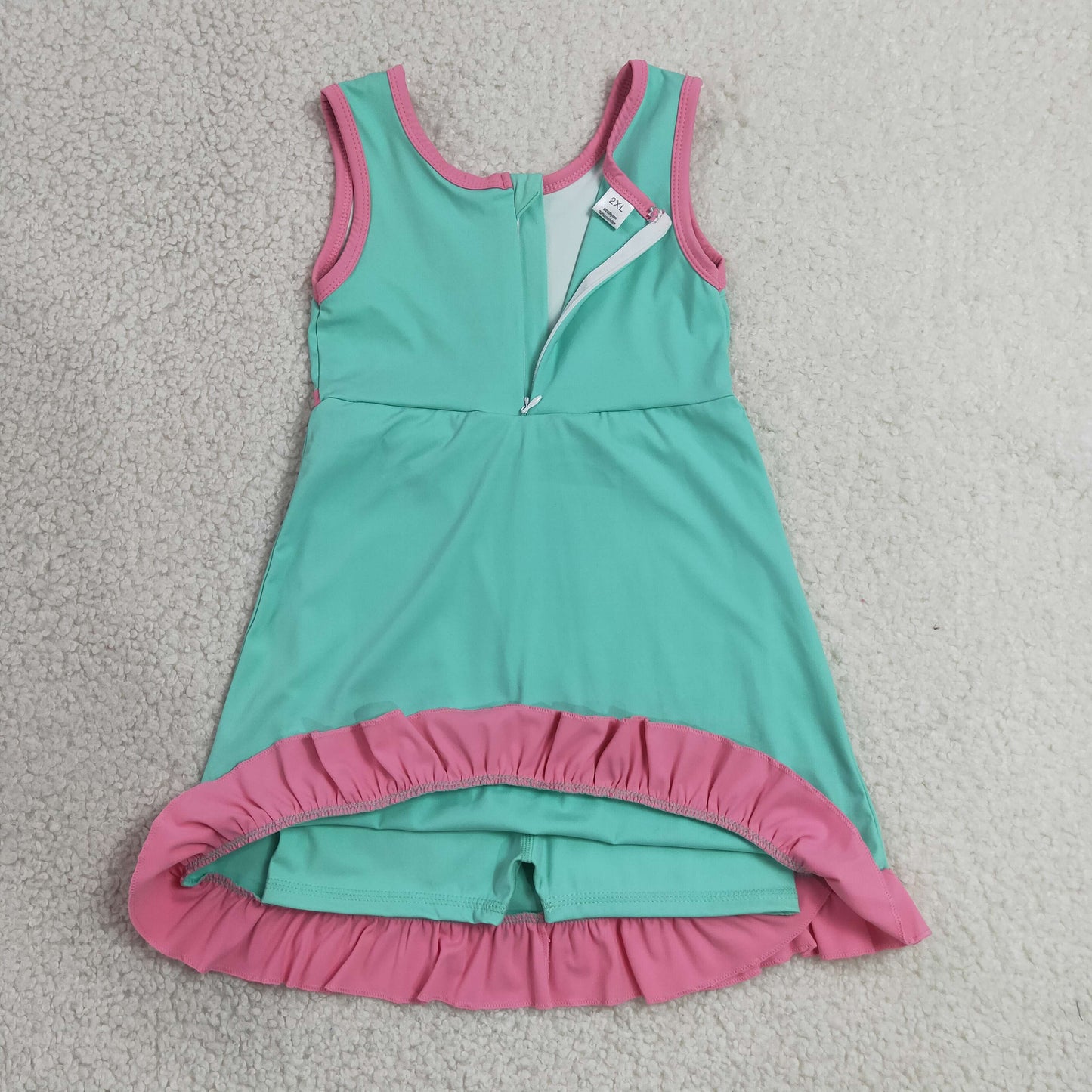 RTS NO MOQ yoga fabric cotton GSD4149 Baby Girls Summer Sleeveless Pink Aqua Yoga Active Short Scallop Knee Length Dress