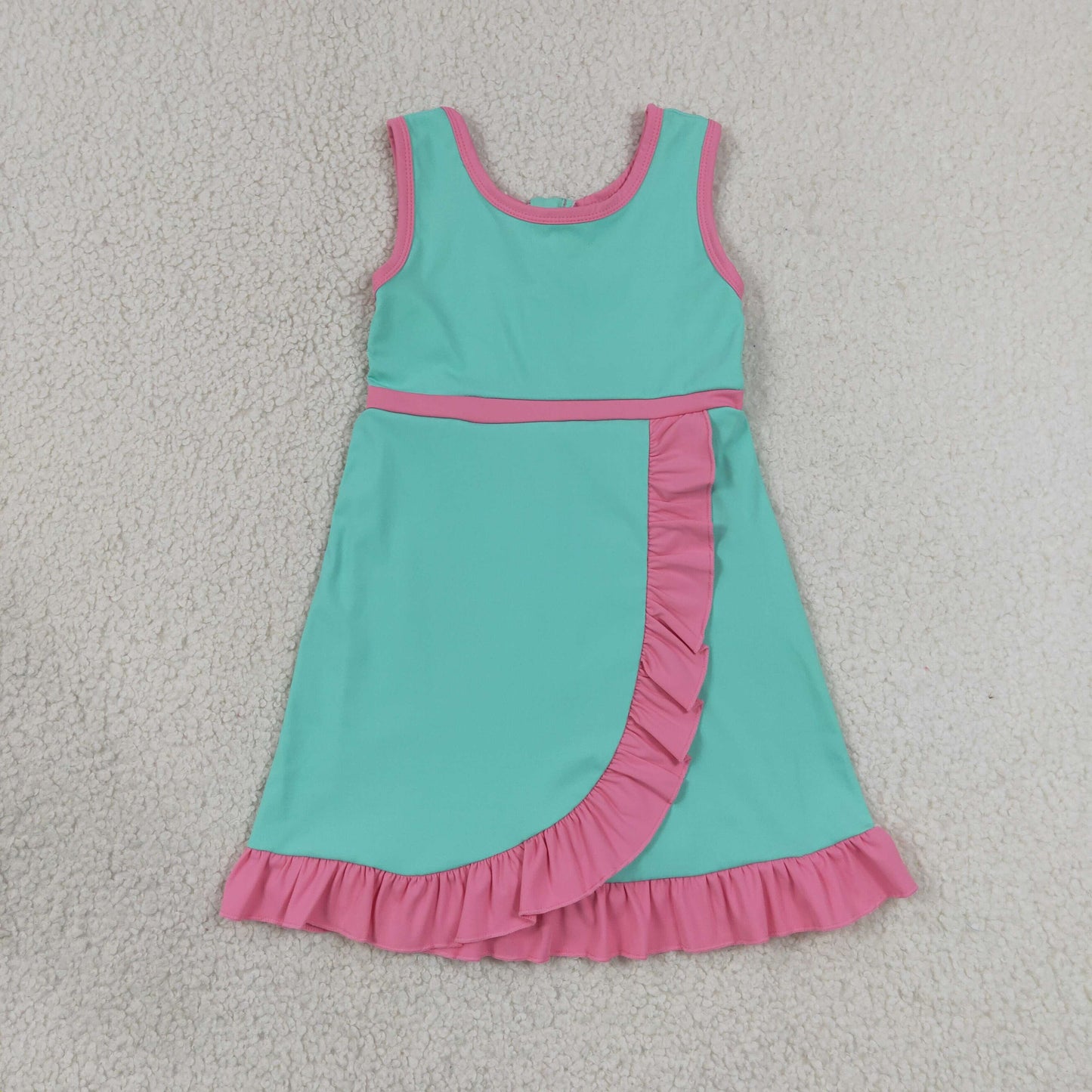 RTS NO MOQ yoga fabric cotton GSD4149 Baby Girls Summer Sleeveless Pink Aqua Yoga Active Short Scallop Knee Length Dress