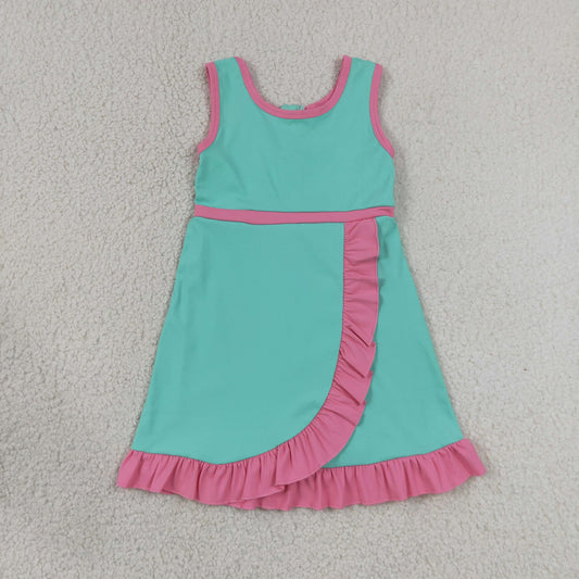 RTS NO MOQ yoga fabric cotton GSD4149 Baby Girls Summer Sleeveless Pink Aqua Yoga Active Short Scallop Knee Length Dress
