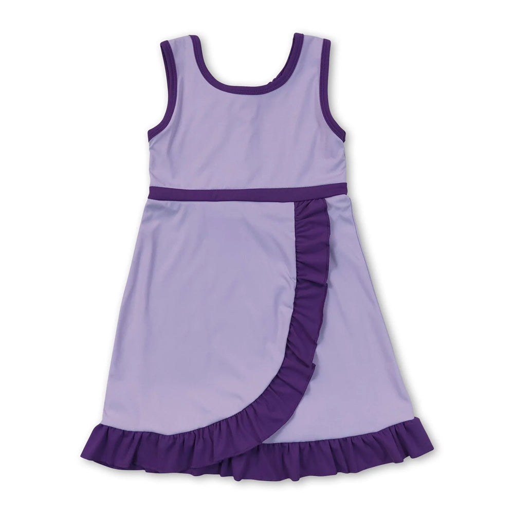 RTS NO MOQ Sibling cotton Baby Girls Purple Sleeveless Vest Scallop Skirt Yoga Active Set Short Knee Length Dress