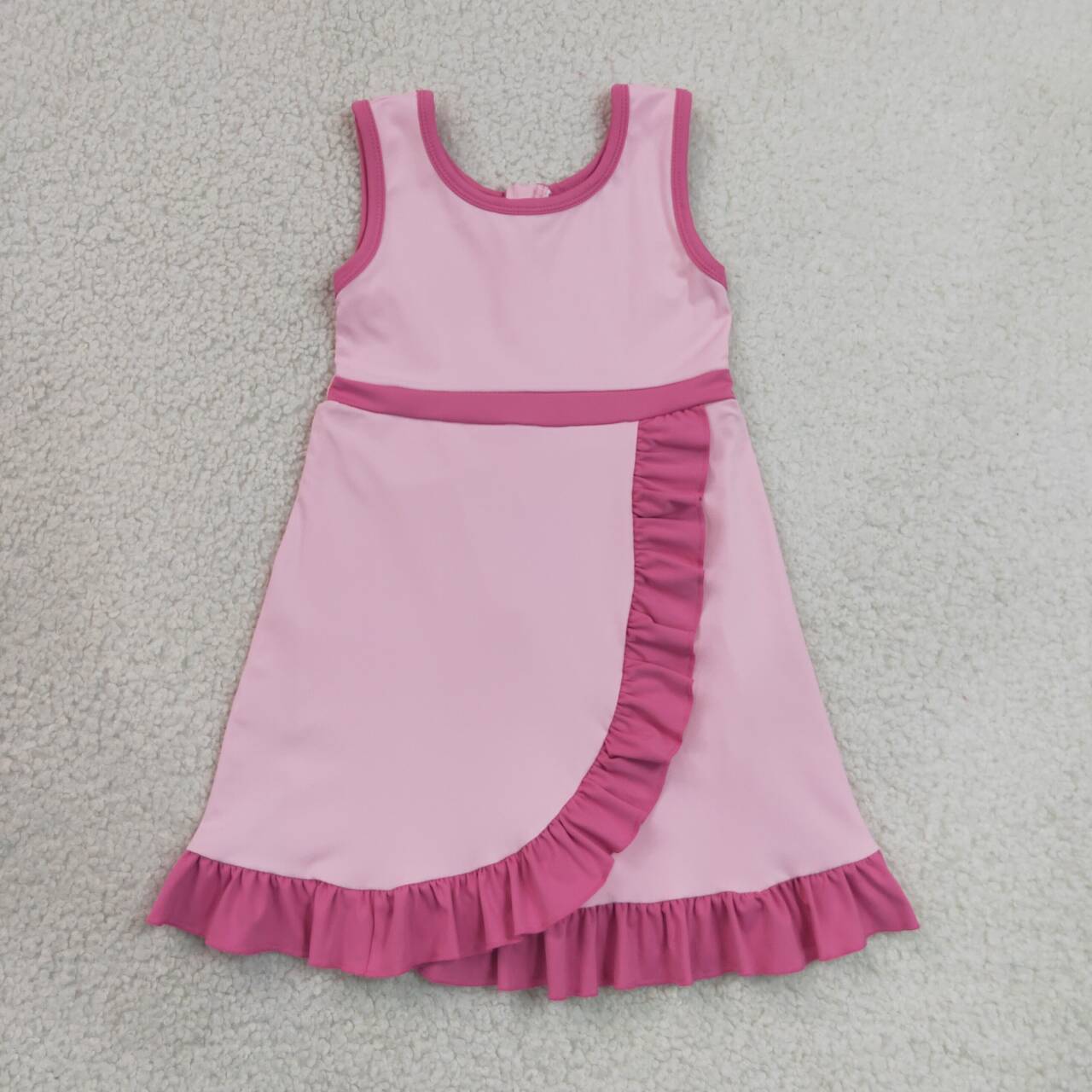 RTS NO MOQ yoga fabric cotton GSD4152 Baby Girls Sleeveless Summer Pink Purple Yoga Active Short Scallop Knee Length Dress