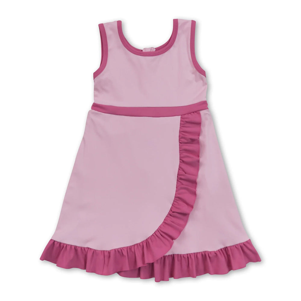 RTS NO MOQ Sibling cotton Baby Girls Pink Sleeveless Vest Scallop Skirt Yoga Active Set Short Knee Length Dress