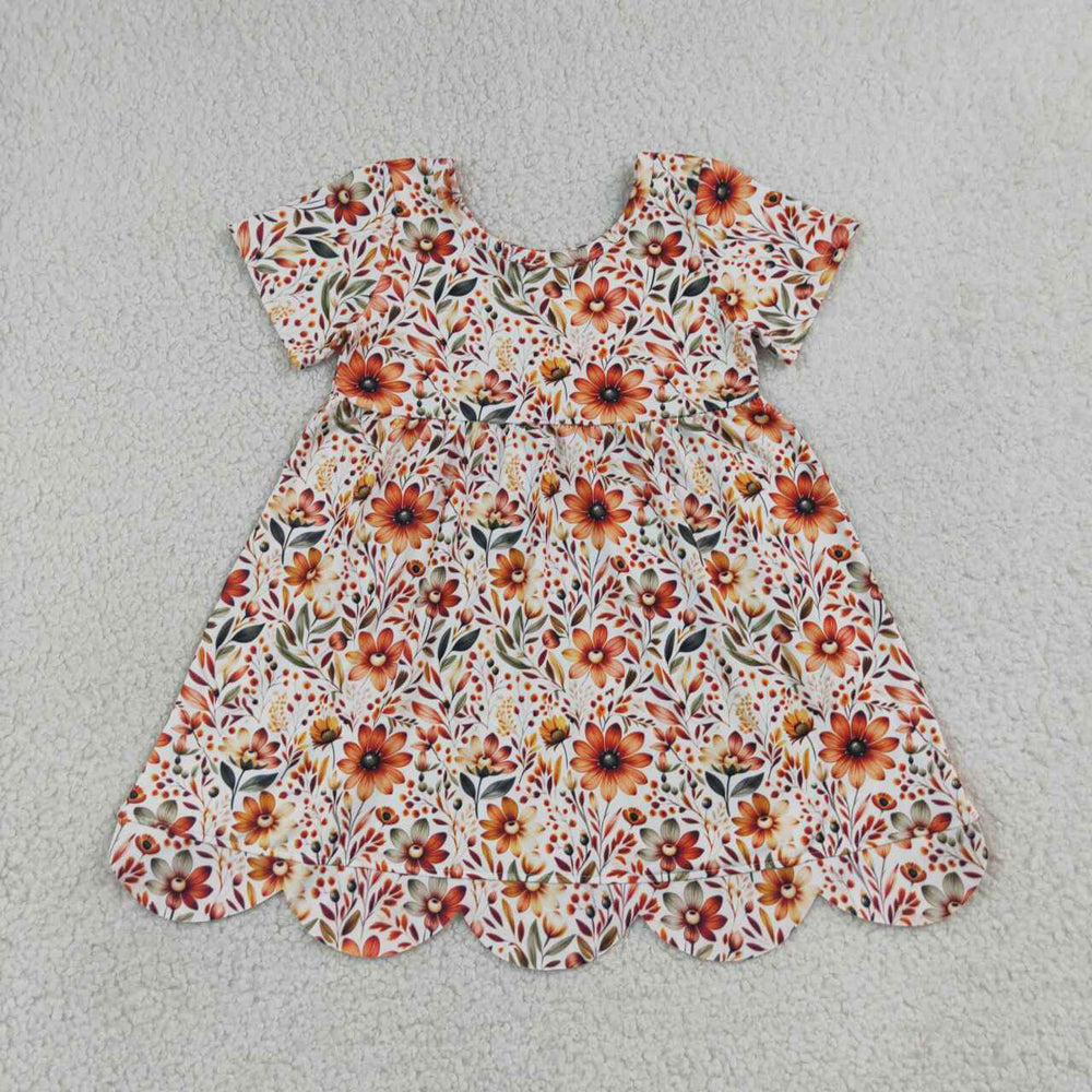 RTS NO MOQ Sibling milk silk Baby Girls Sunflower Print Short Sleeve Scallop Trim Knee Length Dress