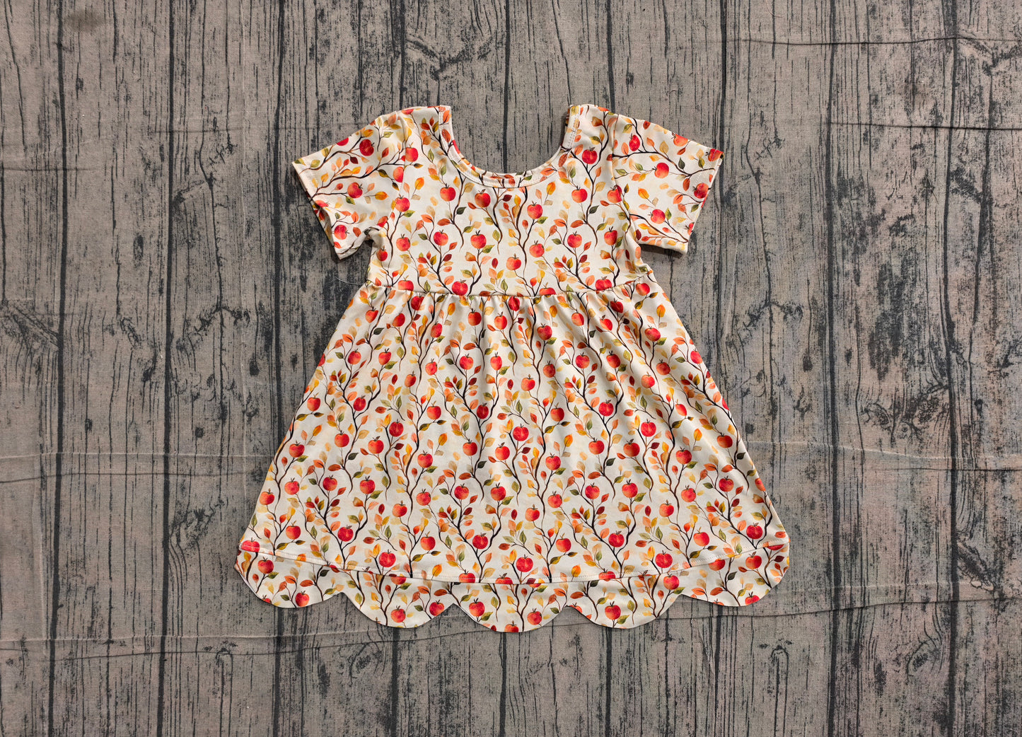 (Sample) No moq milk silk GSD4156 Baby Girls Cute Apples And Flowers Print Scallop Trim Fall Knee Length Dresses