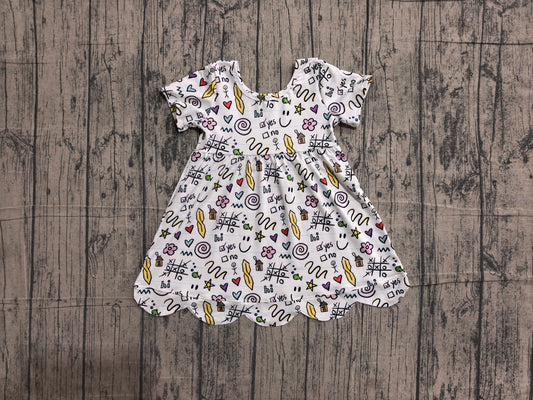 (Sample) No moq milk silk GSD4157 Baby Girls Letters And Flowers Print Scallop Trim Fall Knee Length Dresses
