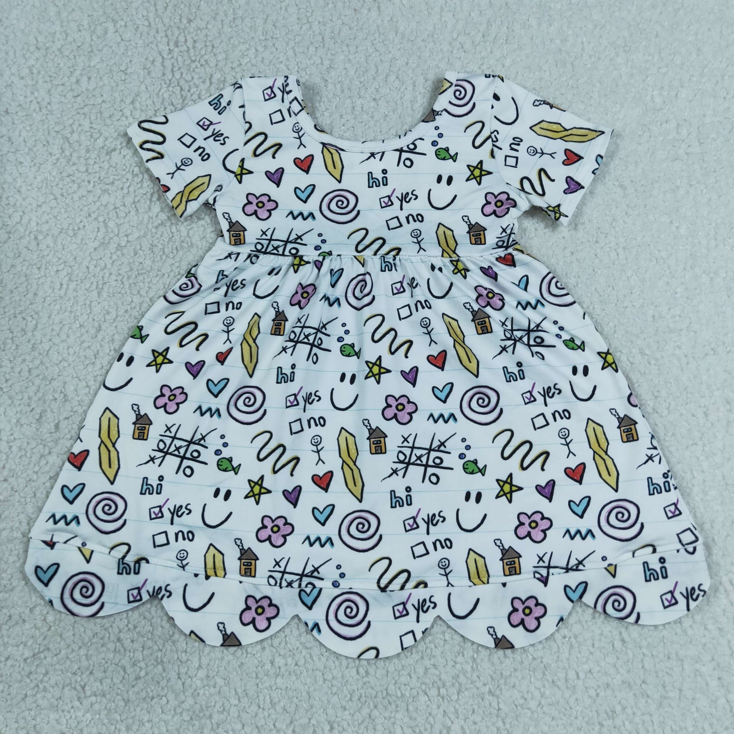 RTS NO MOQ Sibling milk silk Baby Girls Letters Flower  Scallop Hem Knee Length Back to School Dress(2T-14-16T）