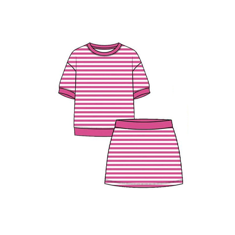 (Pre Order) No moq Yoga Baby Girls Summer Striped Short Sleeve Top And Skirt Yoga Set