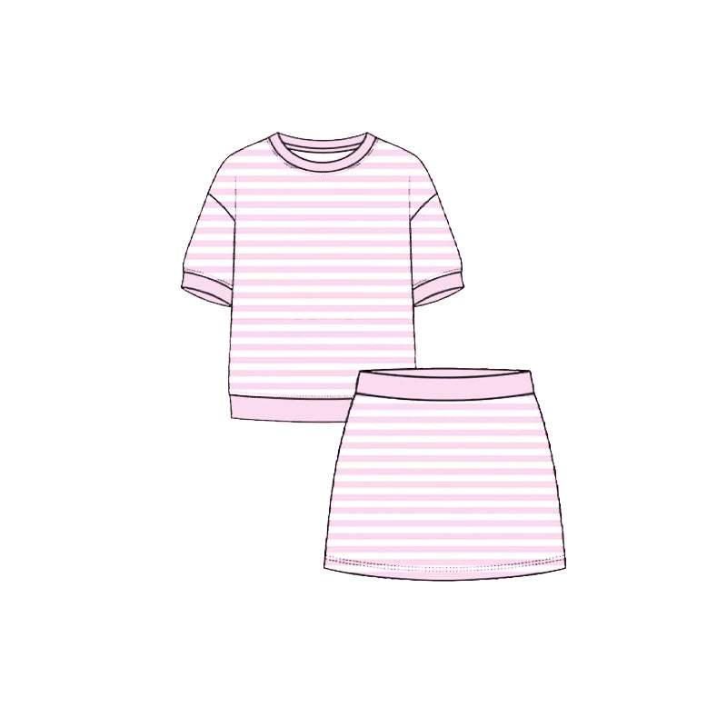 (Pre Order) No moq Yoga Baby Girls Summer Striped Short Sleeve Top And Skirt Yoga Set
