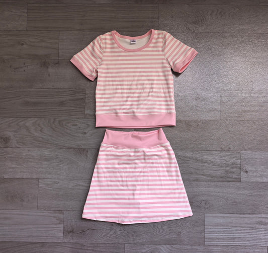 (Sample) No moq yoga fabric GSD4159 Yoga Baby Girls Light Pink Stripe Print Top Skort Shorts Two Piece Yoga Active Clothes Set