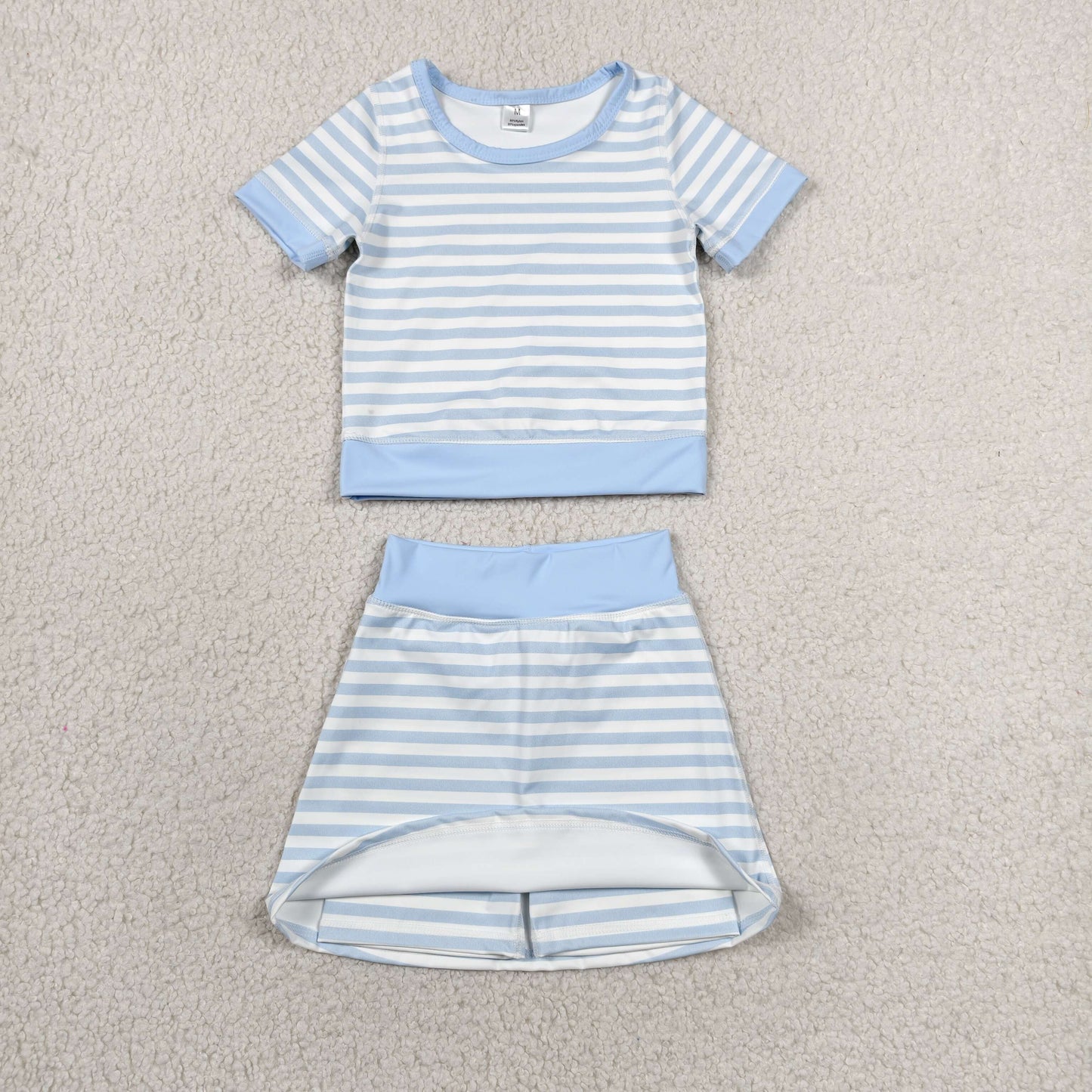 RTS NO MOQ yoga fabric GSD4162 Baby Girls Blue Stripe Top Skirt Shorts Yoga Active Sets