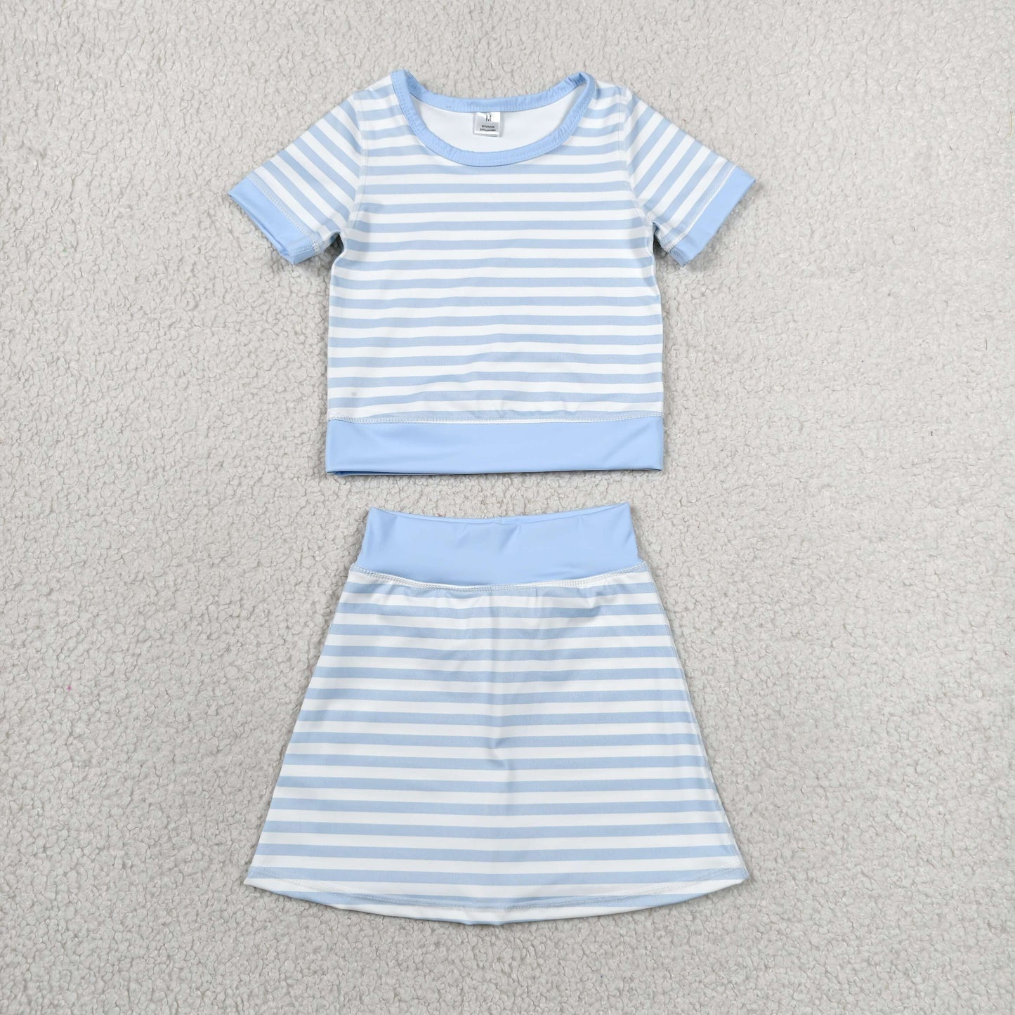 RTS NO MOQ yoga fabric GSD4162 Baby Girls Blue Stripe Top Skirt Shorts Yoga Active Sets
