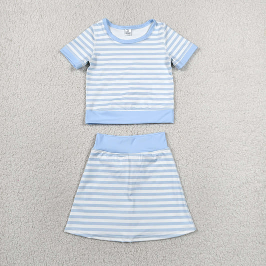 RTS NO MOQ yoga fabric GSD4162 Baby Girls Blue Stripe Top Skirt Shorts Yoga Active Sets