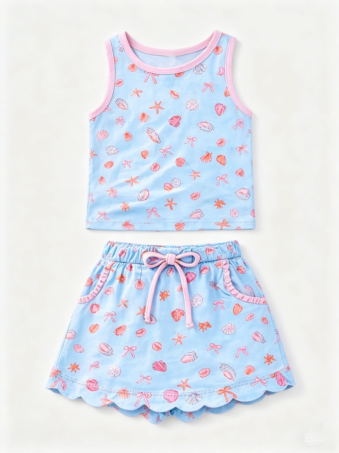 (Pre Order) No moq GSD4163 Baby Girls Summer Bows Starfishes Vest Pocket Scallop Skirt Set