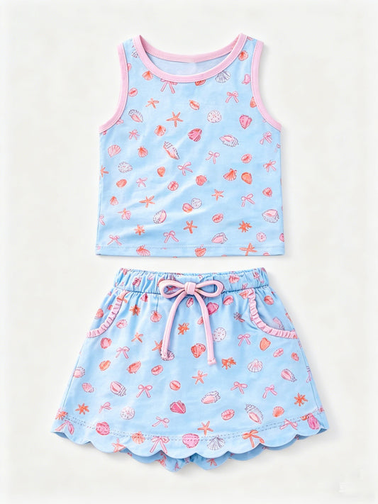 (Pre Order) No moq GSD4163 Baby Girls Summer Bows Starfishes Vest Pocket Scallop Skirt Set