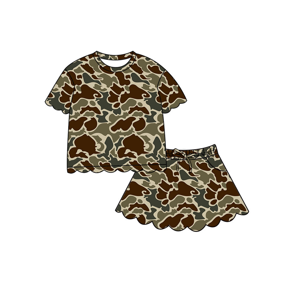 (Pre Order) No moq Baby Girls Casual Camo Short Sleeve Top Scallop Pockets Skirt Shorts Bottom Sets