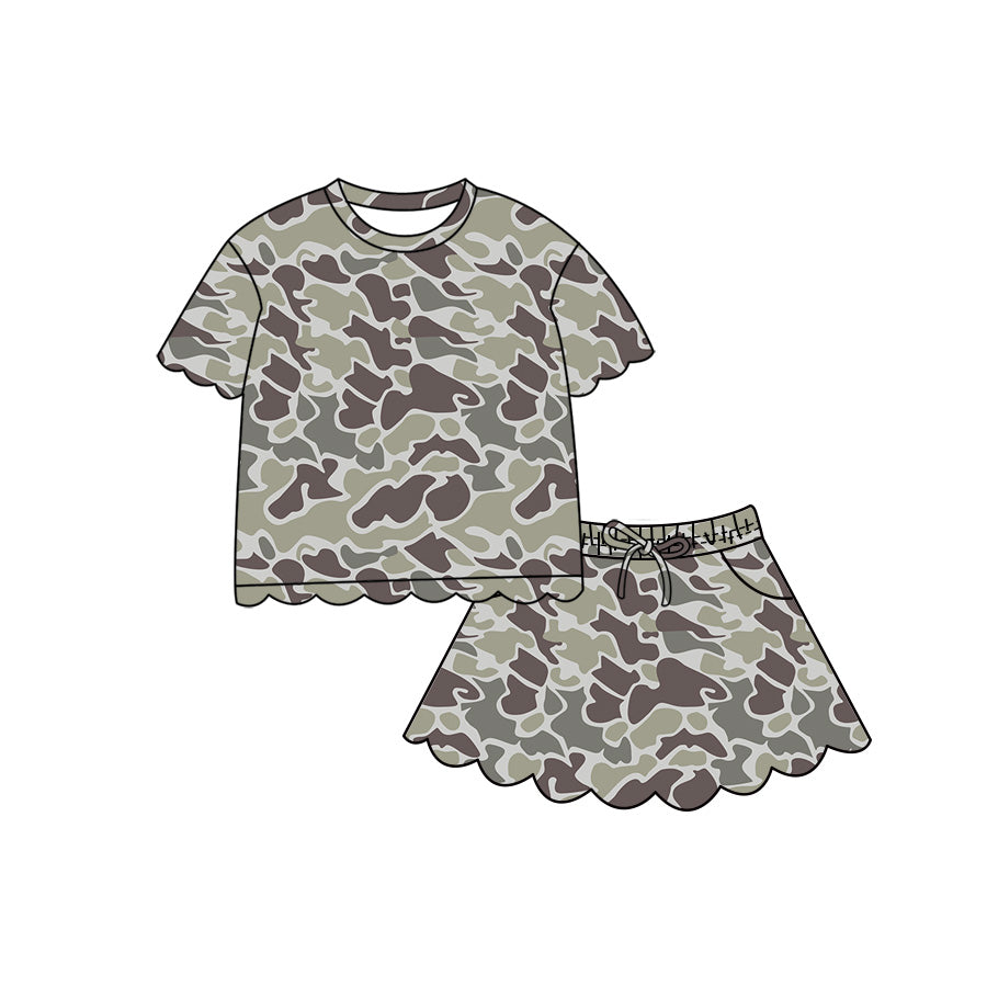 (Pre Order) No moq Baby Girls Casual Camo Short Sleeve Top Scallop Pockets Skirt Shorts Bottom Sets