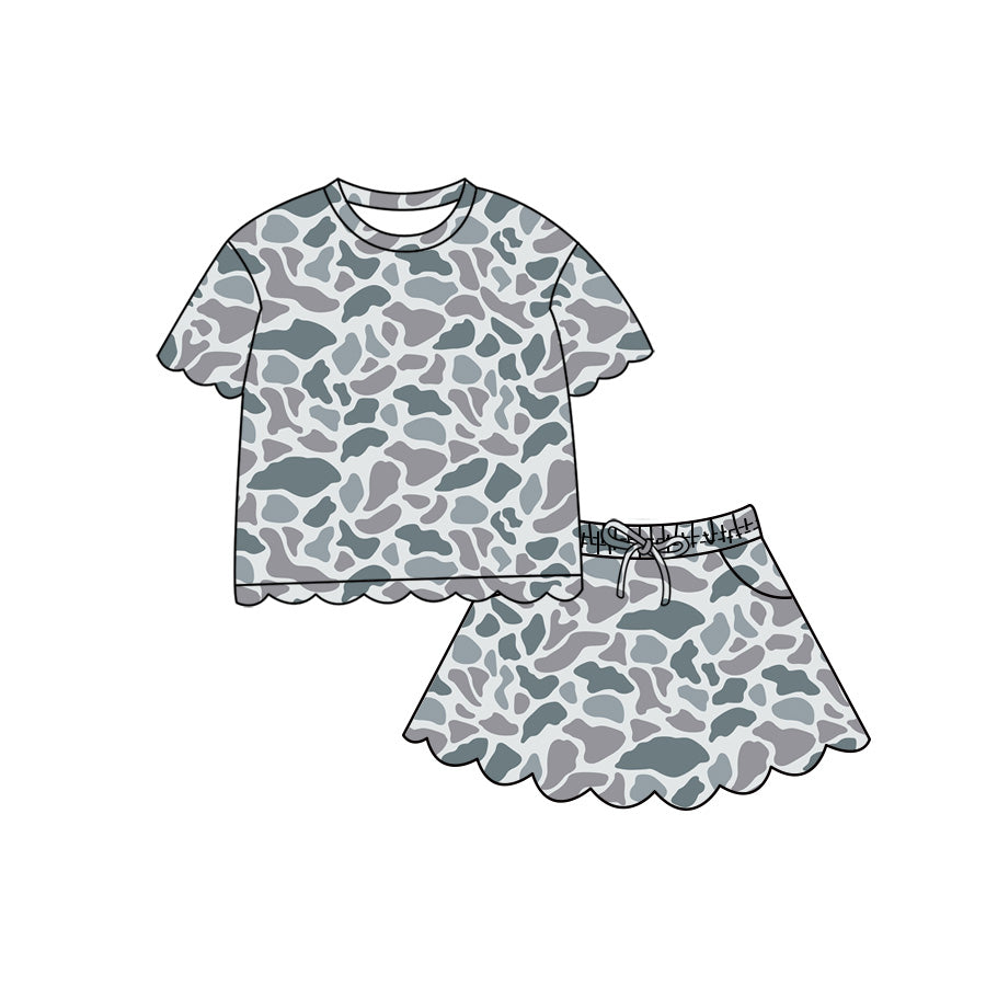 (Pre Order) No moq Baby Girls Casual Camo Short Sleeve Top Scallop Pockets Skirt Shorts Bottom Sets