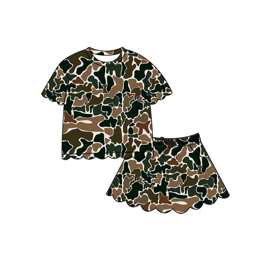 (Pre Order) No moq Baby Girls Casual Camo Short Sleeve Top Scallop Pockets Skirt Shorts Bottom Sets
