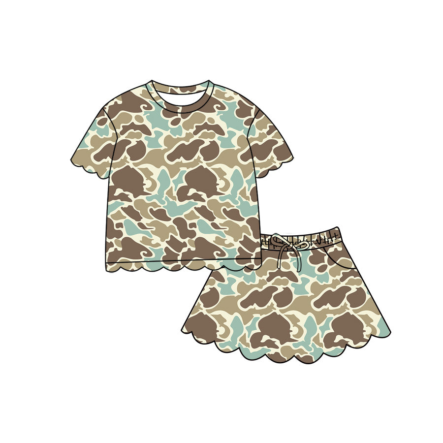 (Pre Order) No moq Baby Girls Casual Camo Short Sleeve Top Scallop Pockets Skirt Shorts Bottom Sets