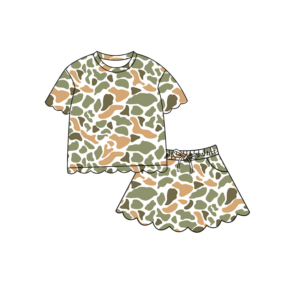 (Pre Order) No moq Baby Girls Casual Camo Short Sleeve Top Scallop Pockets Skirt Shorts Bottom Sets