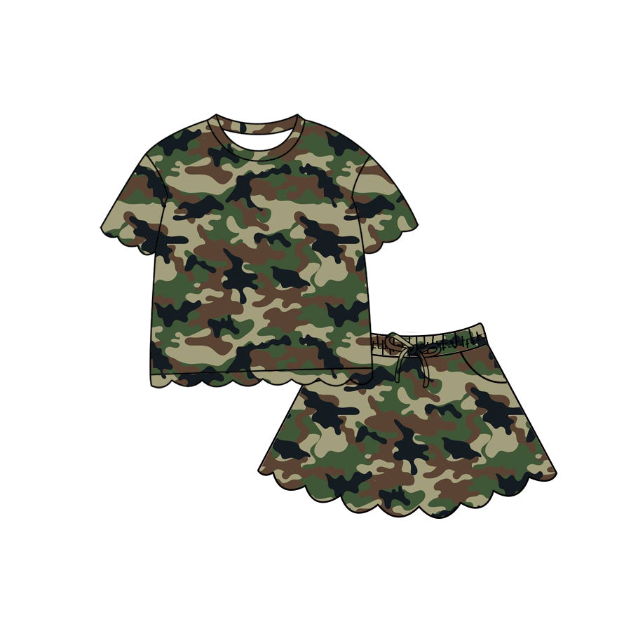 (Pre Order) No moq Baby Girls Casual Camo Short Sleeve Top Scallop Pockets Skirt Shorts Bottom Sets