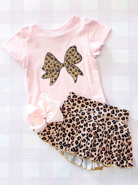 (Pre Order) No moq GSD4174 Baby Girls Sweet Pink Leopard Bow Top Ruffle Skirt Summer Set