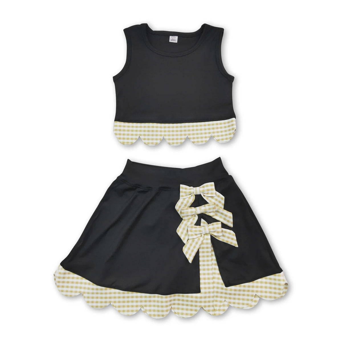 RTS NO MOQ Sibling yoga fabric Baby Girls Sleeveless Vest Top Bows Skirt Shorts Yoga Scallop Sets Scallop Knee Length Dresses