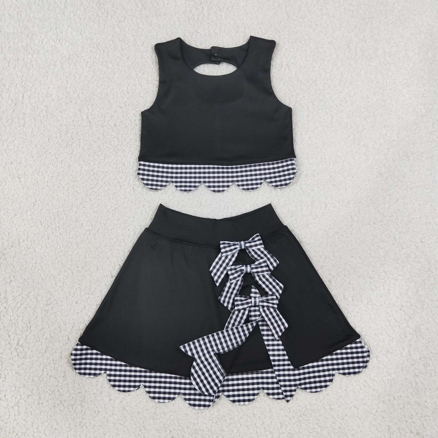 NEW RTS NO MOQ yoga fabric GSD4176 Yoga Baby Girls Black Sleeveless Vest Scallop Skirt Yoga Active Set