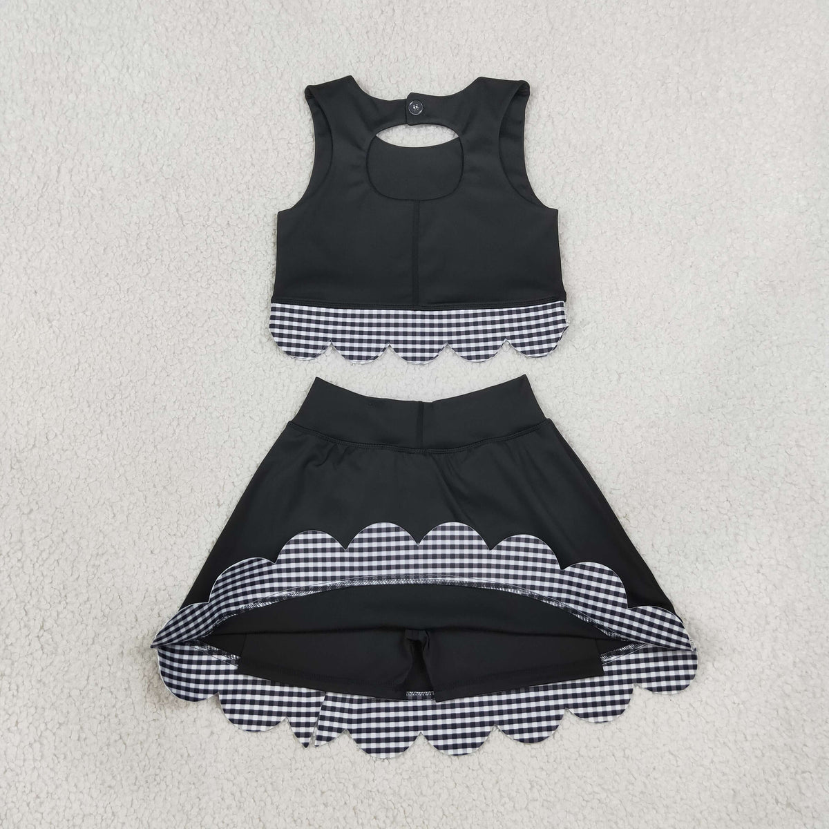 NEW RTS NO MOQ yoga fabric GSD4176 Yoga Baby Girls Black Sleeveless Vest Scallop Skirt Yoga Active Set