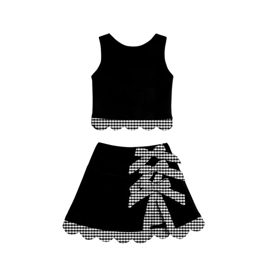 (Pre Order) No moq GSD4176 Yoga Baby Girls Summer Black Sleeveless Vest Scallop Skirt Yoga Active Set