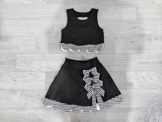 (Sample) No moq yoga fabric GSD4176 Yoga Baby Girls Summer Black Sleeveless Vest Scallop Skirt Yoga Active Set