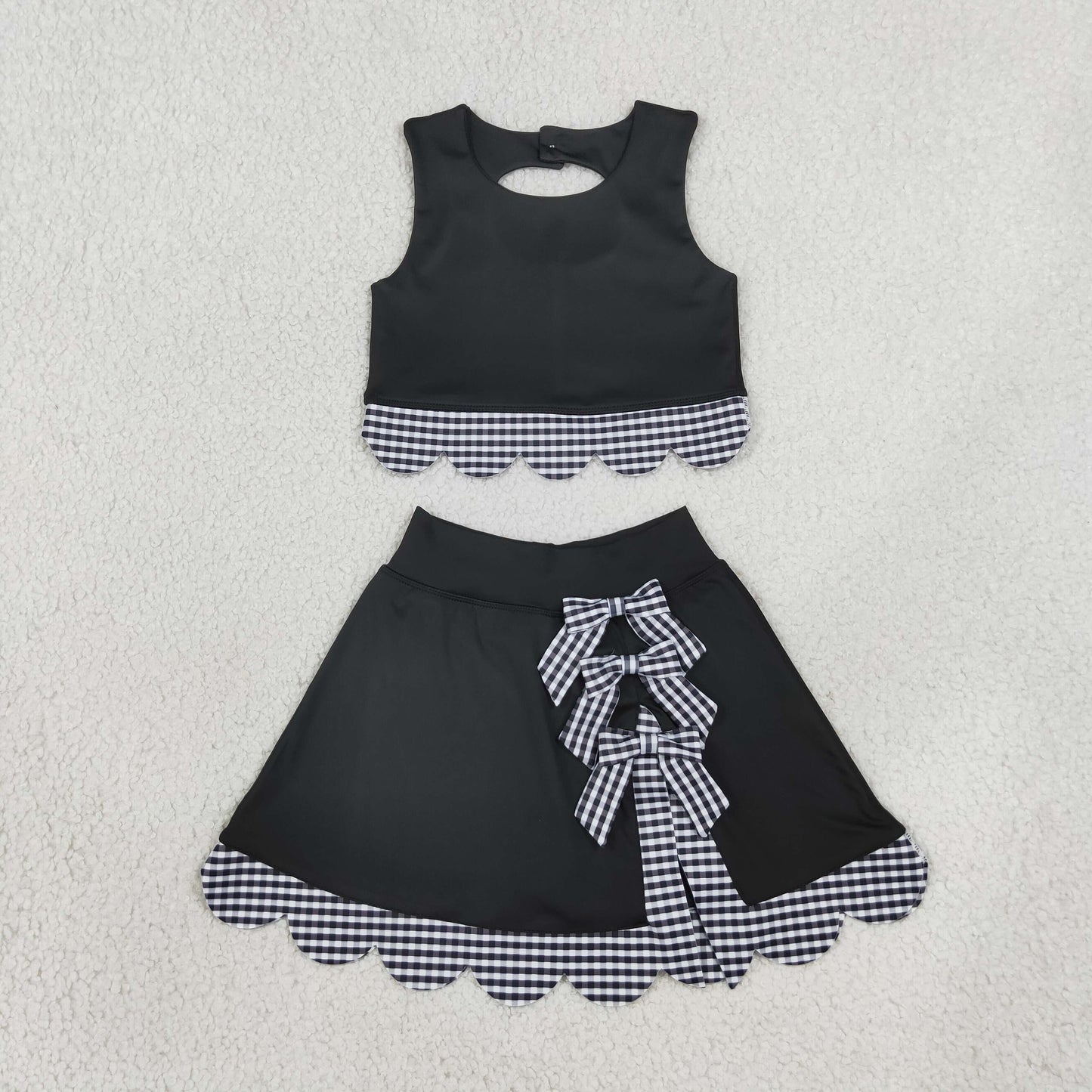 NEW RTS NO MOQ yoga fabric GSD4176 Yoga Baby Girls Black Sleeveless Vest Scallop Skirt Yoga Active Set