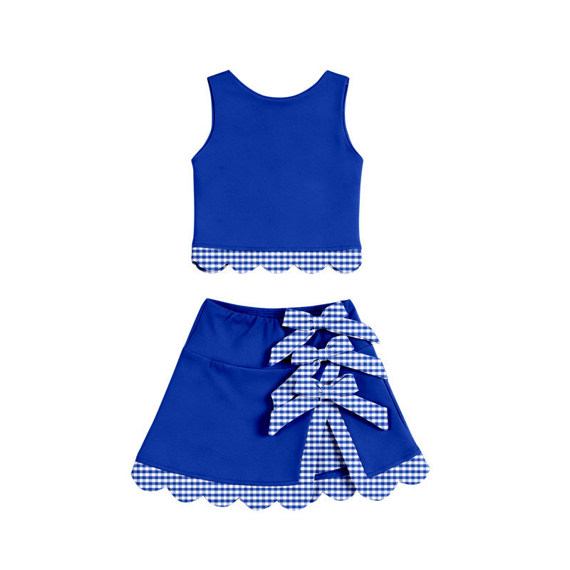 (Pre Order) No moq GSD4177 Yoga Baby Girls Summer Sleeveless Blue Vest Scallop Skirt Yoga Active Set