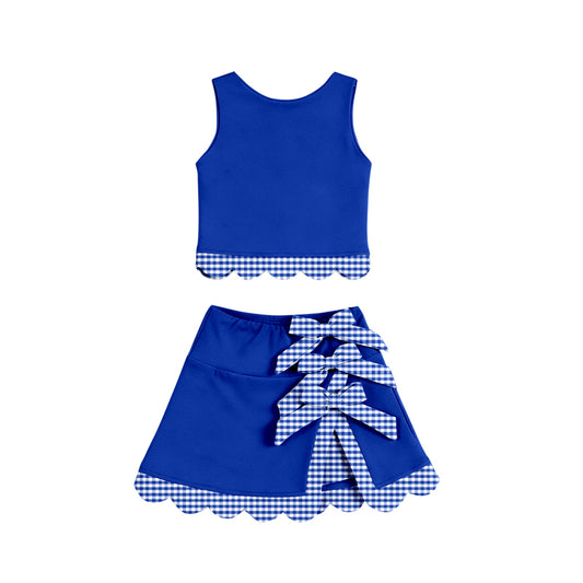 (Pre Order) No moq GSD4177 Yoga Baby Girls Summer Sleeveless Blue Vest Scallop Skirt Yoga Active Set