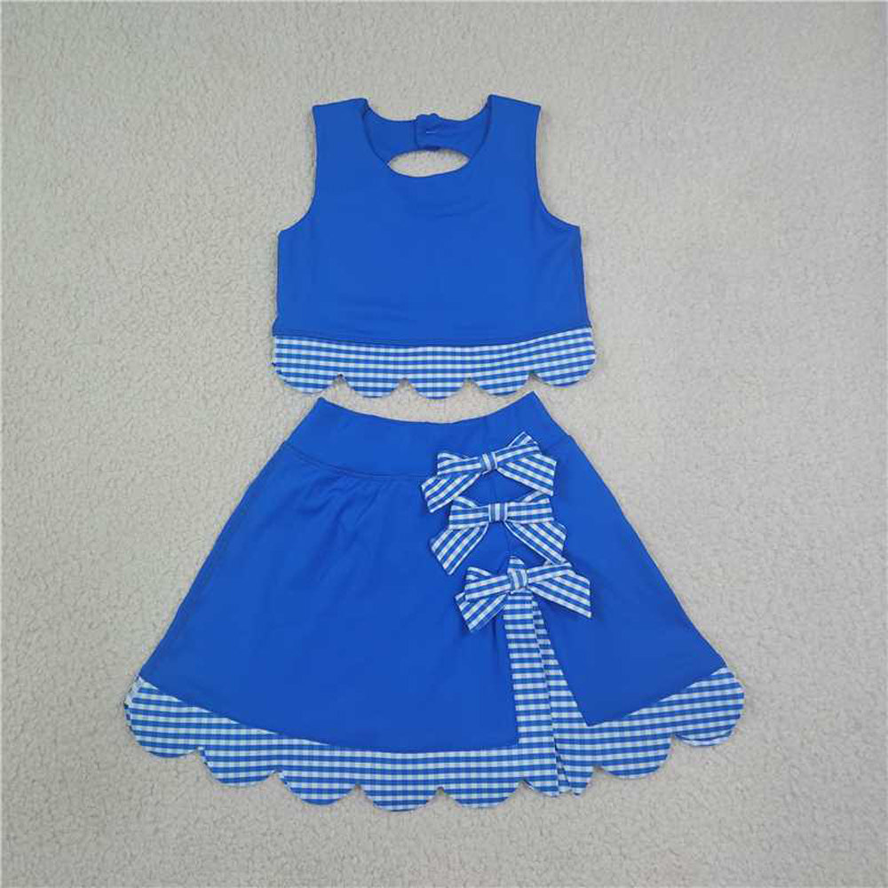 RTS NO MOQ Sibling yoga fabric Baby Girls Vest Top With Bows Matching Scallop Skort Two Piece Yoga Active Clothes Set