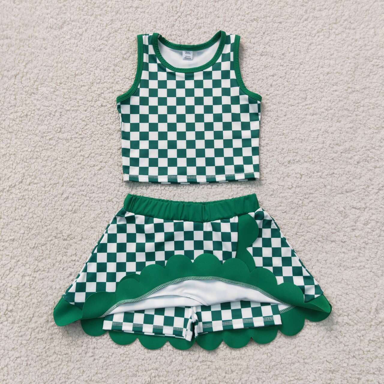 NEW RTS NO MOQ yoga fabric GSD4178 Baby Girls Green Checked Vest Top Scallop Skirt Short Yoga Active Set