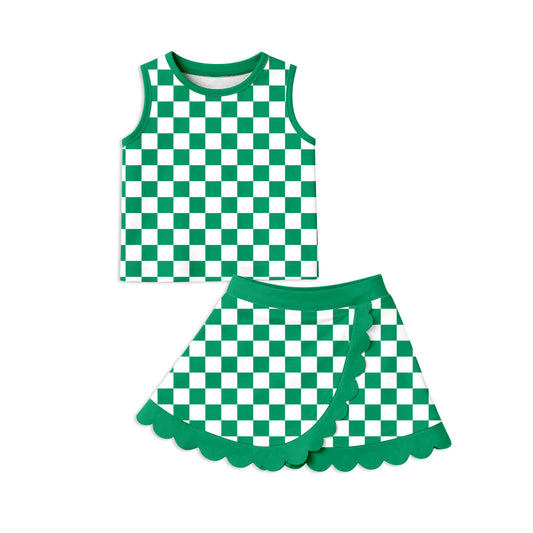 (Pre Order) No moq GSD4178 Yoga Baby Girls Summer Green Checked Vest Scallop Skirt Set